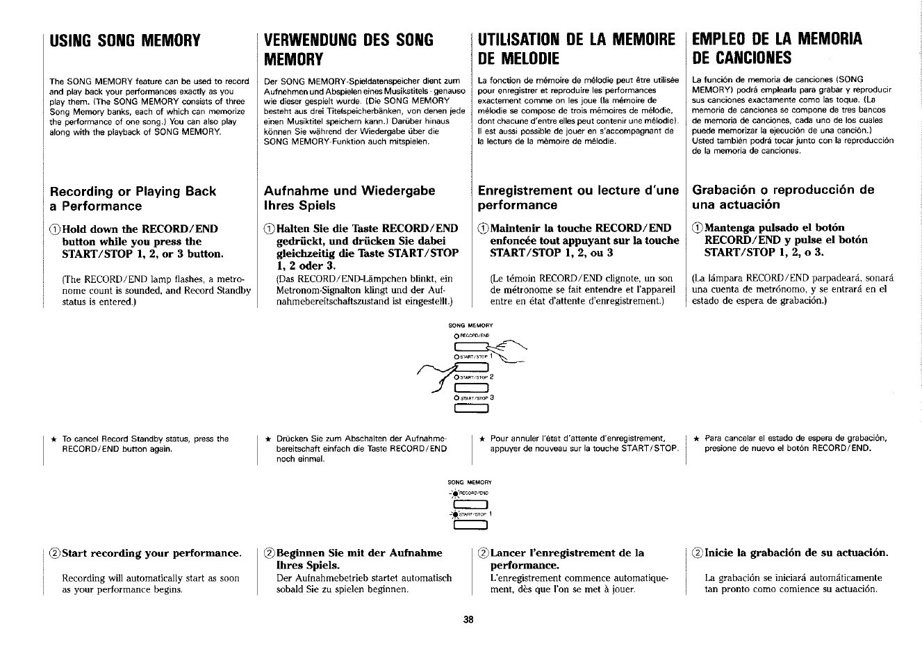 Using song memory, Recording or playing back a performance, Verwendung des song memory | Aufnahme und wiedergabe ihres spiels, Utilisation de la memoire de melodie, Enregistrement ou lecture d'une performance, Empleo de la memoria de canciones, Grabación o reproducción de una actuación, Verwendung der song memory | Yamaha PSS-380 User Manual | Page 39 / 47