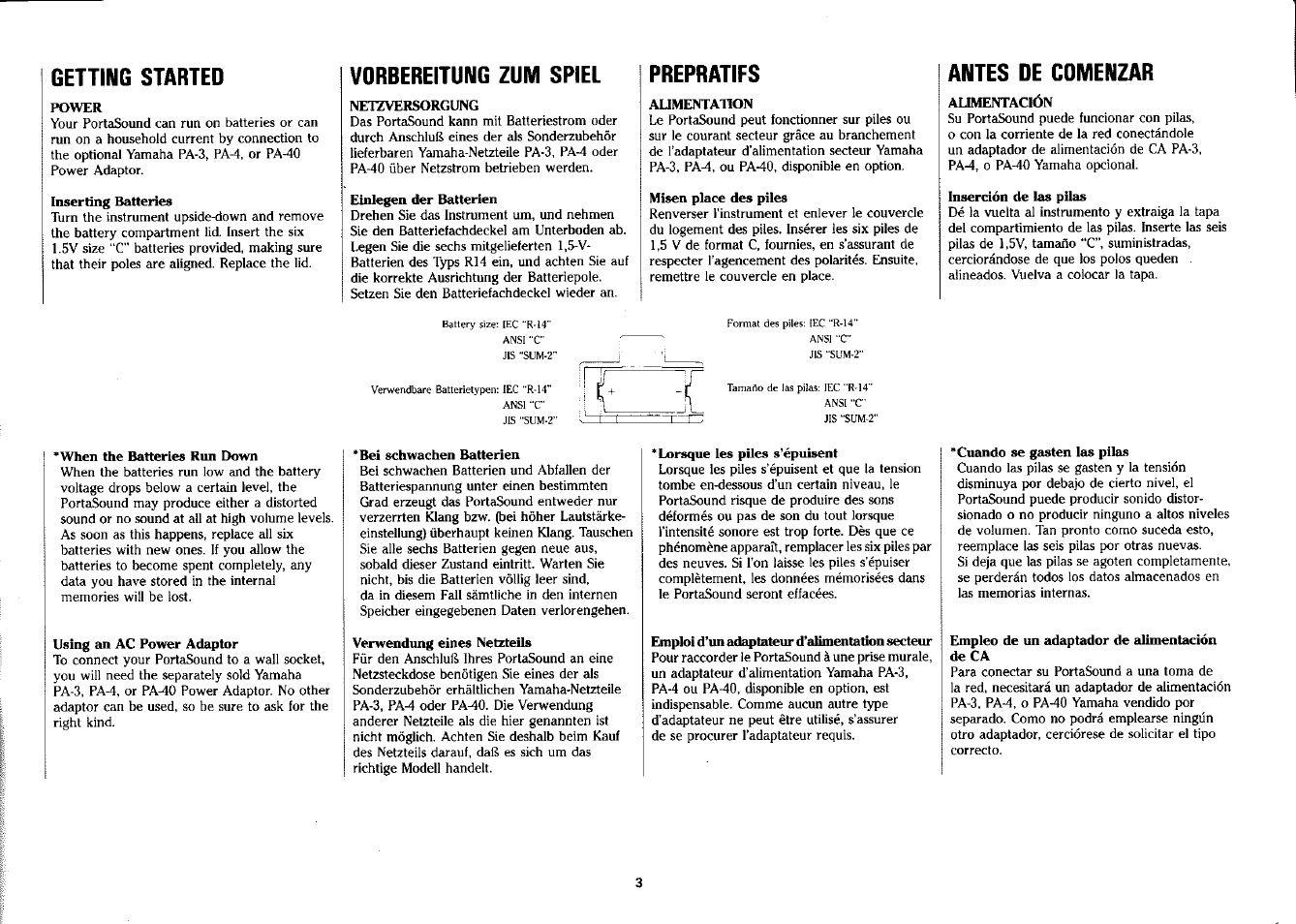 Getting started, Inserting batteries, Vorbereitung zum spiel | Einlegen der batterien, Prepratifs, Misen place des piles, Antes de comenzar, Inserción de las pilas, When the batteries run down, Using an ac power adaptor | Yamaha PSS-380 User Manual | Page 4 / 47