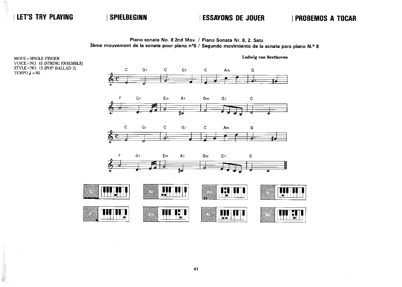 Let's try playing, Essayons de jouer, Probemos a tocar | Let’s try playing | Yamaha PSS-380 User Manual | Page 42 / 47