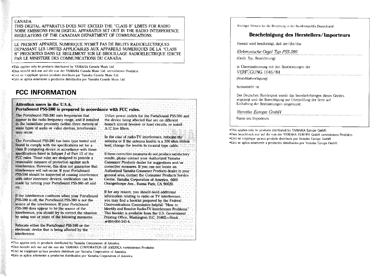 Atteatioa users in the u.sa, Fcc information | Yamaha PSS-380 User Manual | Page 46 / 47
