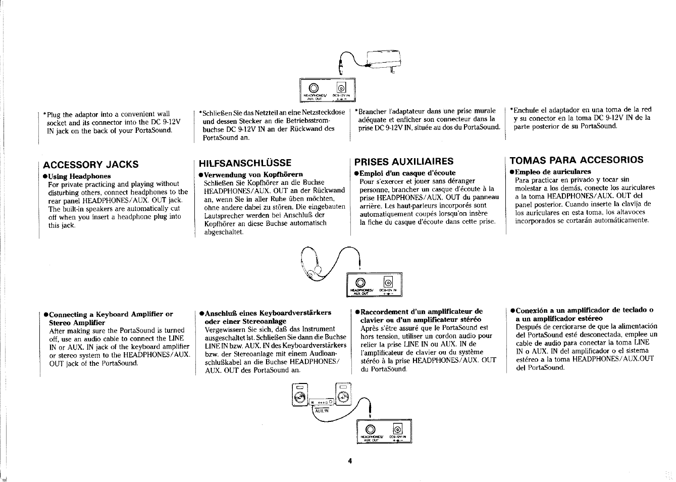 Accessory jacks, Hilfsanschlüsse, Prises auxiliaires | Tomas para accesorios | Yamaha PSS-380 User Manual | Page 5 / 47