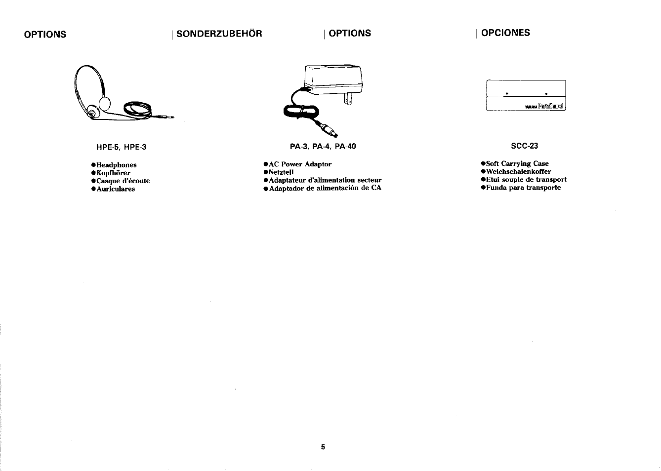 Options, Sonderzubehör, Opciones | Yamaha PSS-380 User Manual | Page 6 / 47
