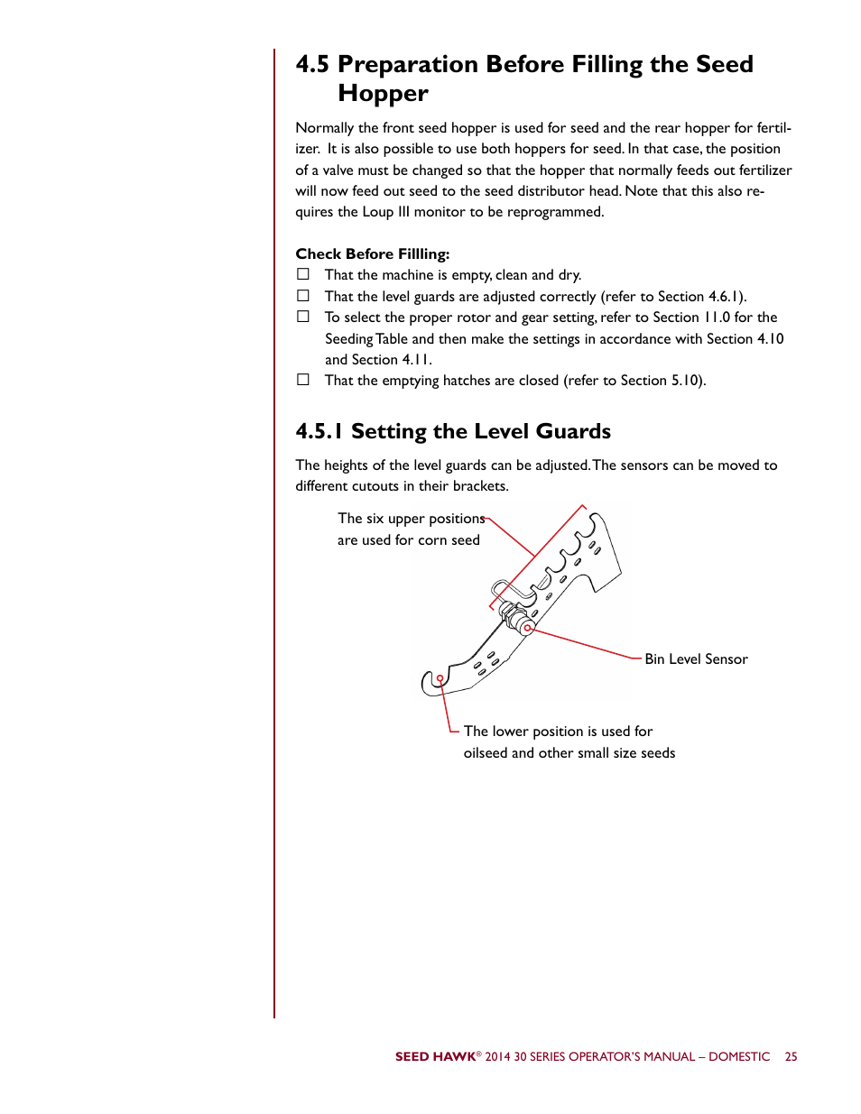 5 preparation before filling the seed hopper, 1 setting the level guards | Seed Hawk 30 SERIES 2014 User Manual | Page 31 / 104
