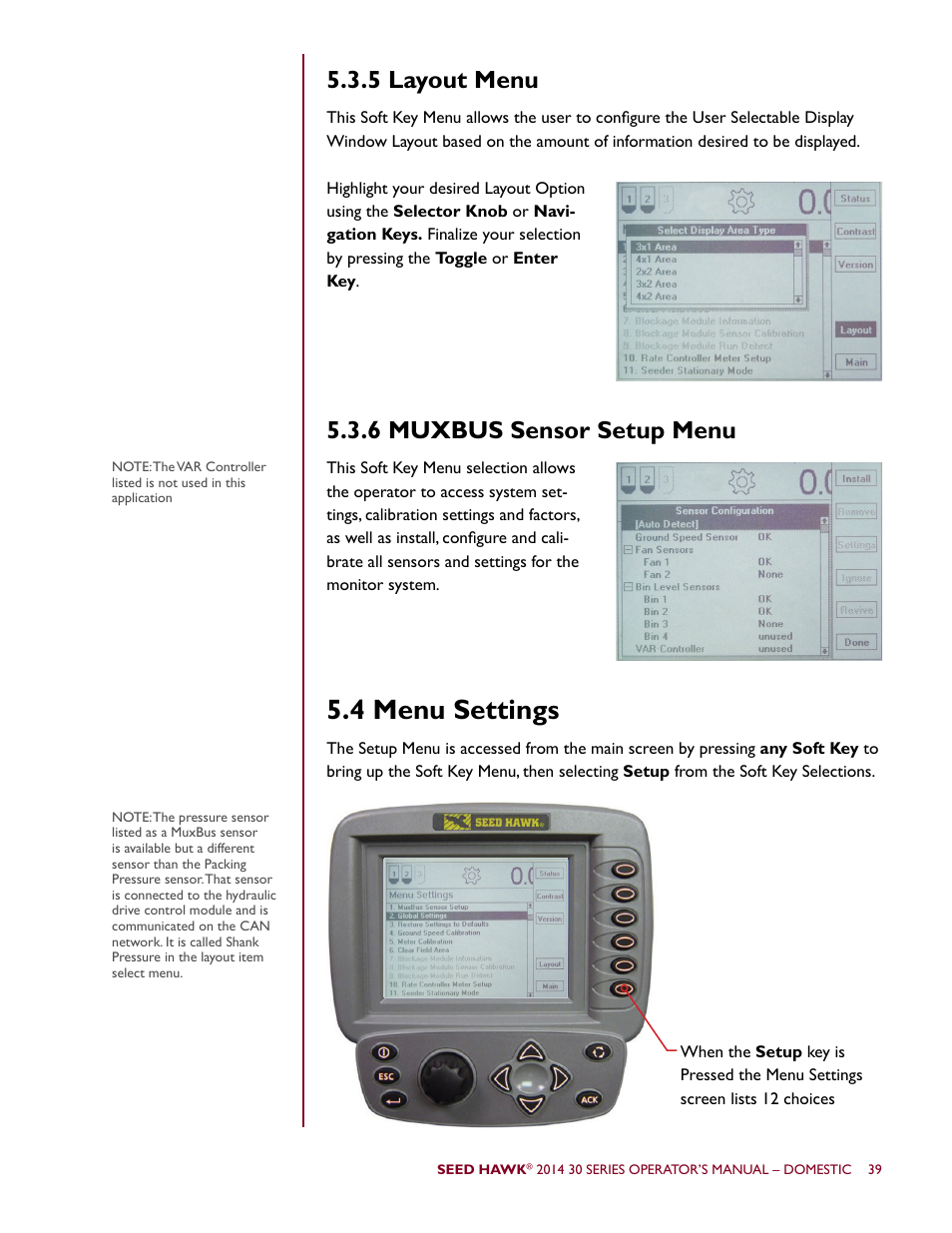 4 menu settings, 5 layout menu 5.3.6 muxbus sensor setup menu | Seed Hawk 30 SERIES 2014 User Manual | Page 45 / 104