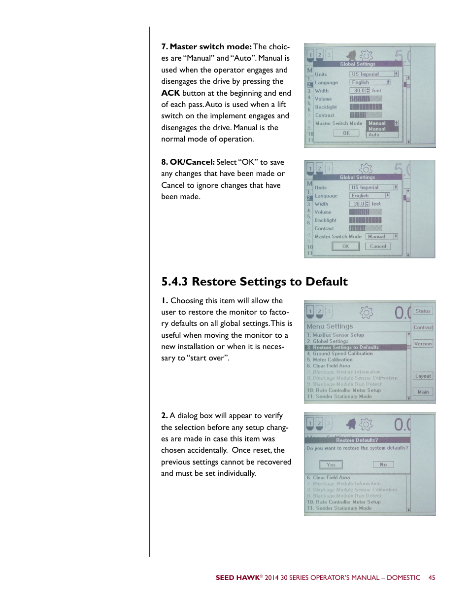 3 restore settings to default | Seed Hawk 30 SERIES 2014 User Manual | Page 51 / 104