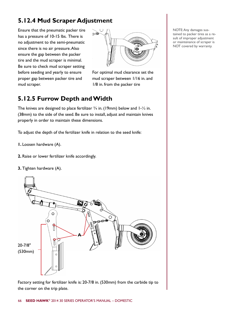 5 furrow depth and width, 4 mud scraper adjustment | Seed Hawk 30 SERIES 2014 User Manual | Page 72 / 104
