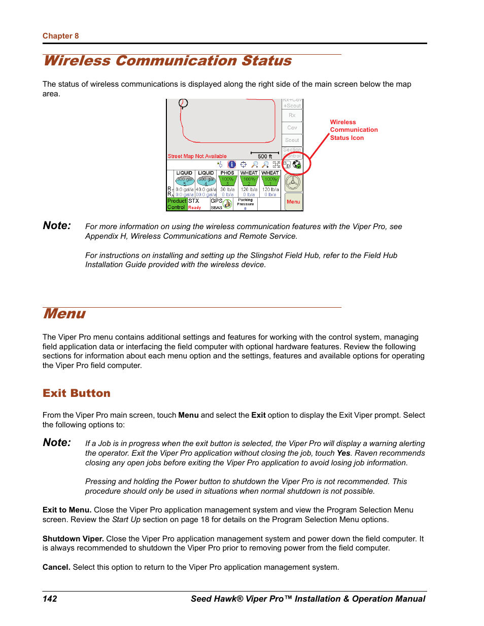 Wireless communication status, Menu, Exit button | Seed Hawk Raven 2012 User Manual | Page 154 / 286