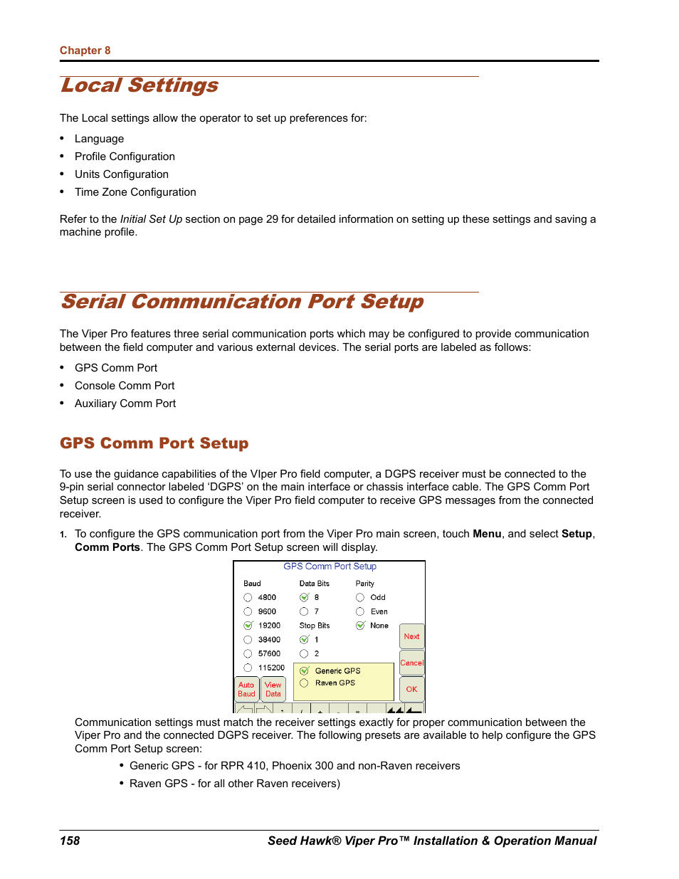 Local settings, Serial communication port setup, Gps comm port setup | Seed Hawk Raven 2012 User Manual | Page 170 / 286
