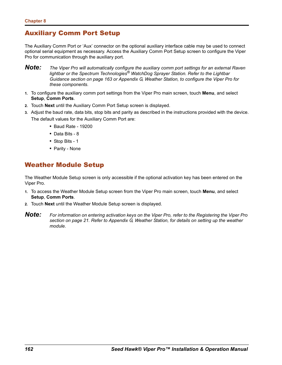 Auxiliary comm port setup, Weather module setup | Seed Hawk Raven 2012 User Manual | Page 174 / 286