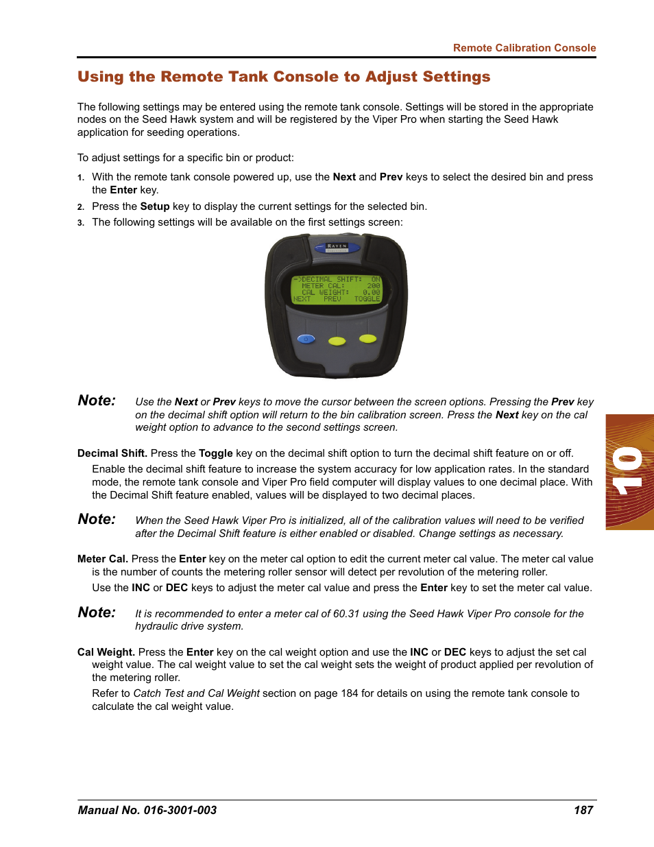 Using the remote tank console to adjust settings | Seed Hawk Raven 2012 User Manual | Page 199 / 286