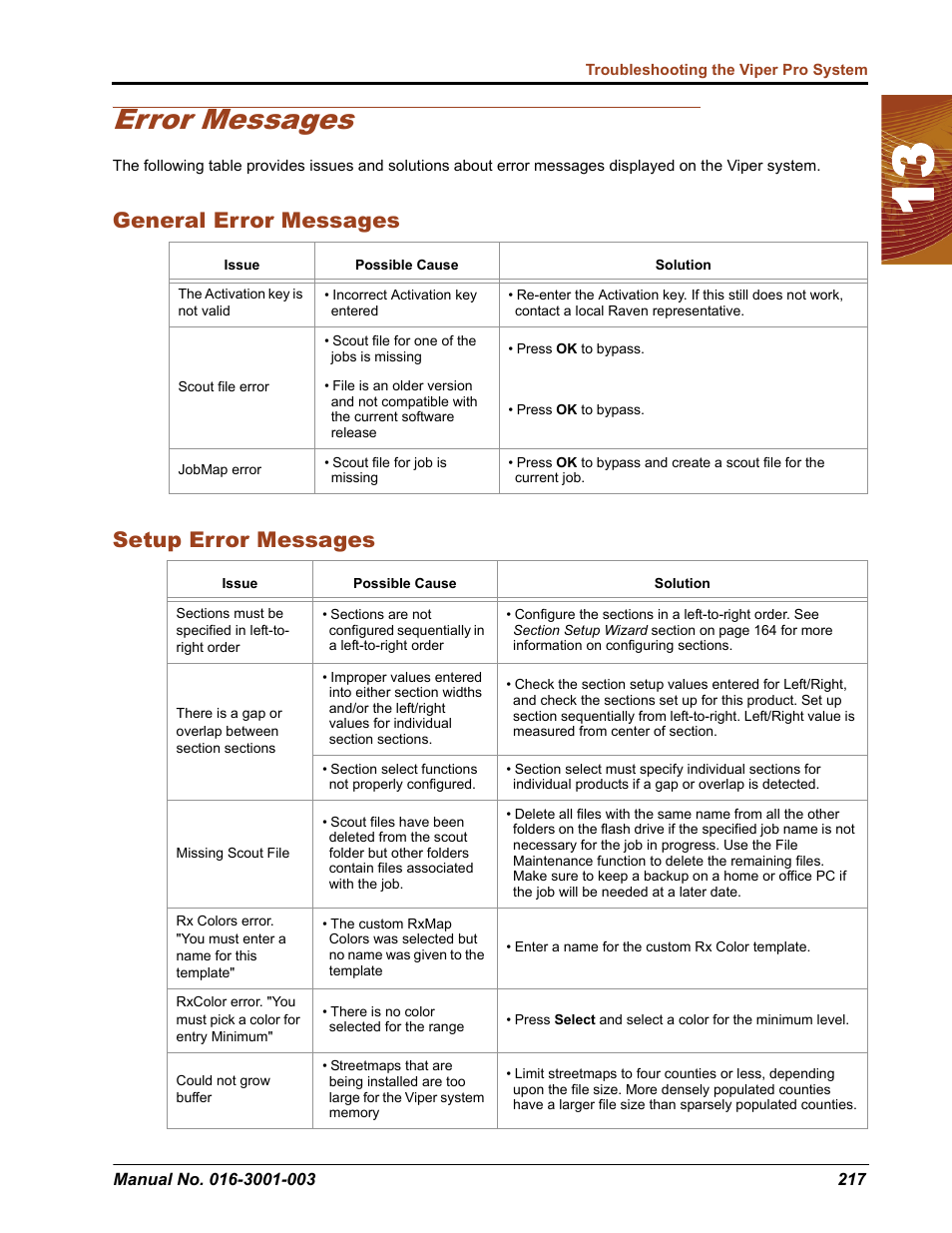 Error messages, General error messages setup error messages | Seed Hawk Raven 2012 User Manual | Page 229 / 286