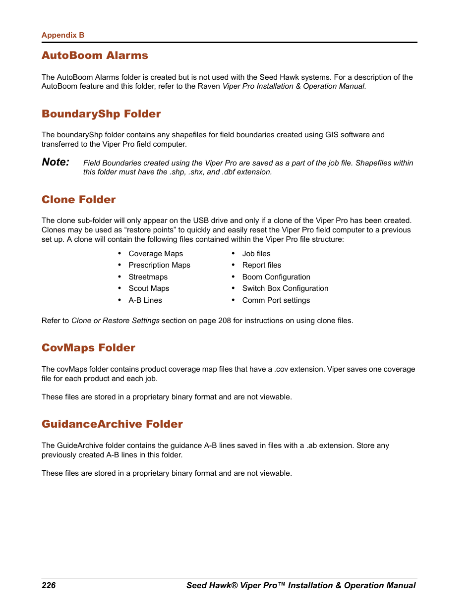 Autoboom alarms, Boundaryshp folder, Clone folder | Covmaps folder, Guidancearchive folder | Seed Hawk Raven 2012 User Manual | Page 238 / 286