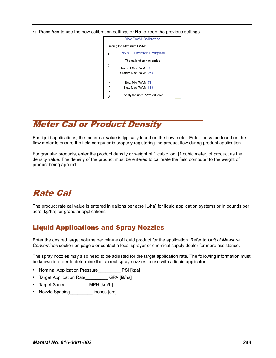 Meter cal or product density, Rate cal, Liquid applications and spray nozzles | Seed Hawk Raven 2012 User Manual | Page 255 / 286