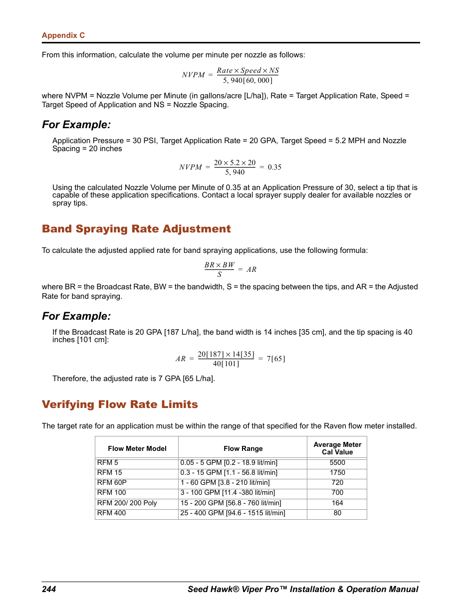 For example, Band spraying rate adjustment, Verifying flow rate limits | Seed Hawk Raven 2012 User Manual | Page 256 / 286