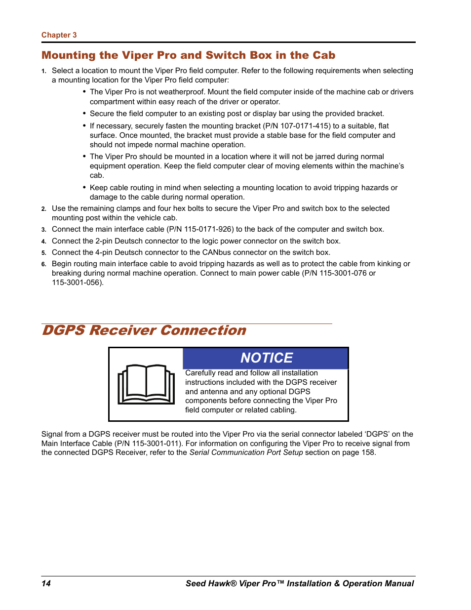 Dgps receiver connection, Notice, Mounting the viper pro and switch box in the cab | Seed Hawk Raven 2012 User Manual | Page 26 / 286