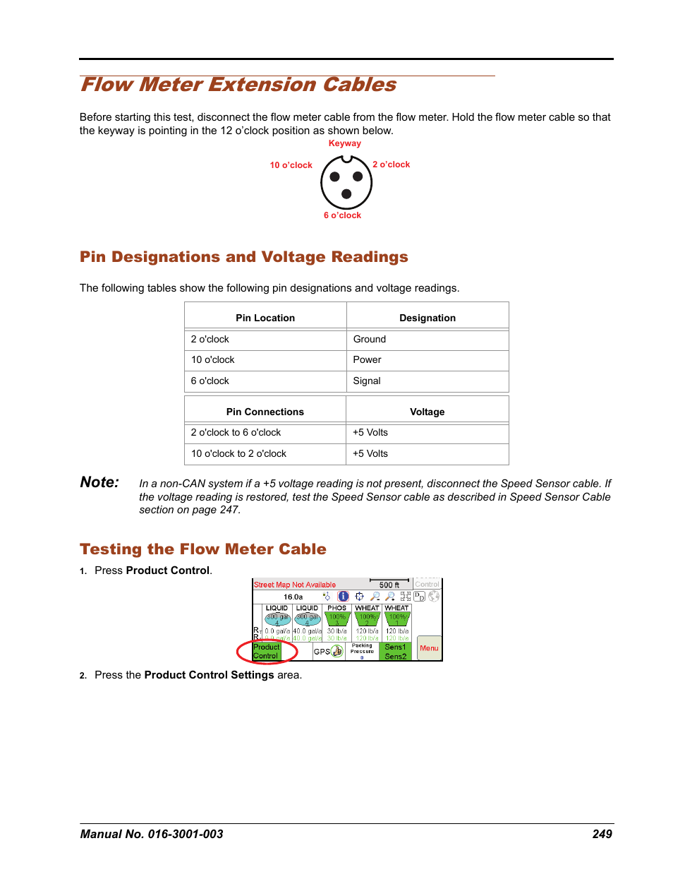 Flow meter extension cables, Pin designations and voltage readings, Testing the flow meter cable | Seed Hawk Raven 2012 User Manual | Page 261 / 286