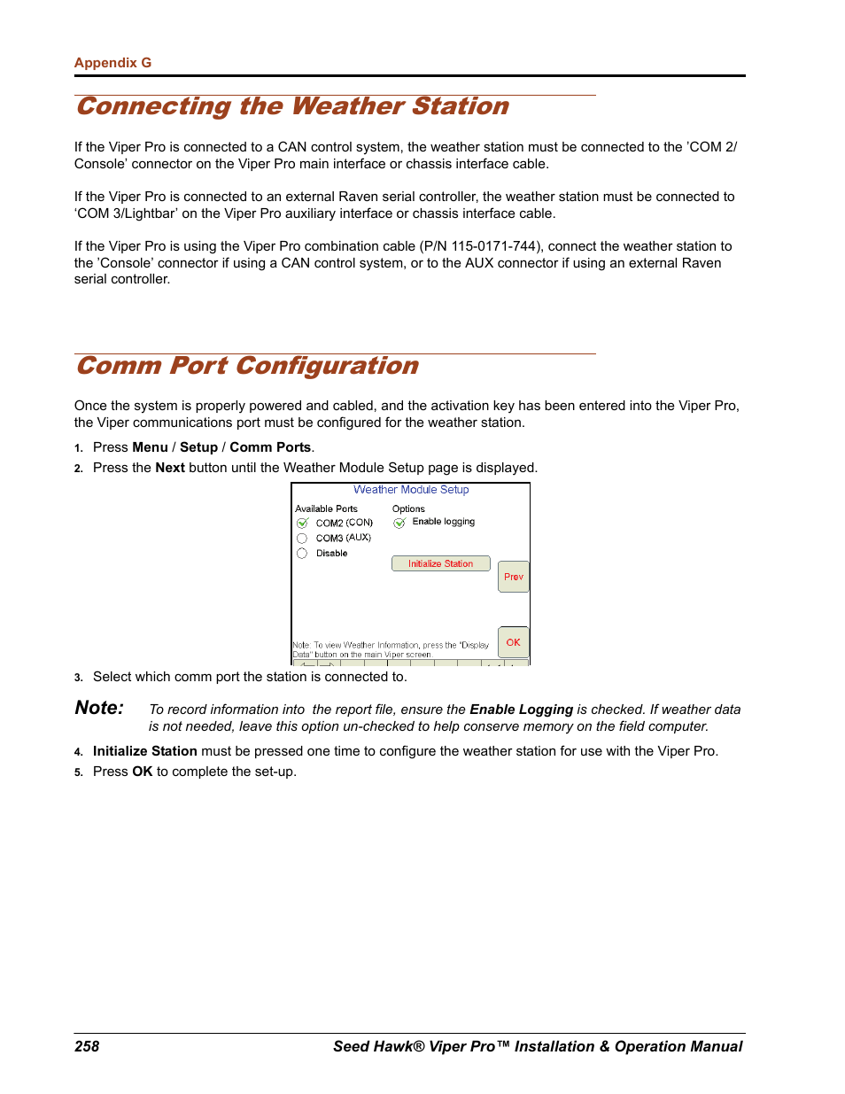 Connecting the weather station, Comm port configuration | Seed Hawk Raven 2012 User Manual | Page 270 / 286