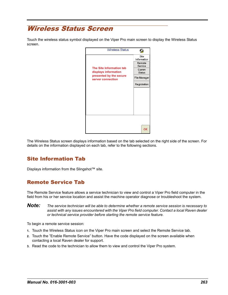 Wireless status screen, Site information tab, Remote service tab | Seed Hawk Raven 2012 User Manual | Page 275 / 286