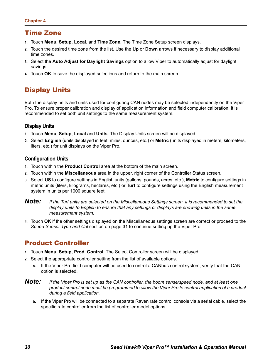 Time zone, Display units, Product controller | Seed Hawk Raven 2012 User Manual | Page 42 / 286