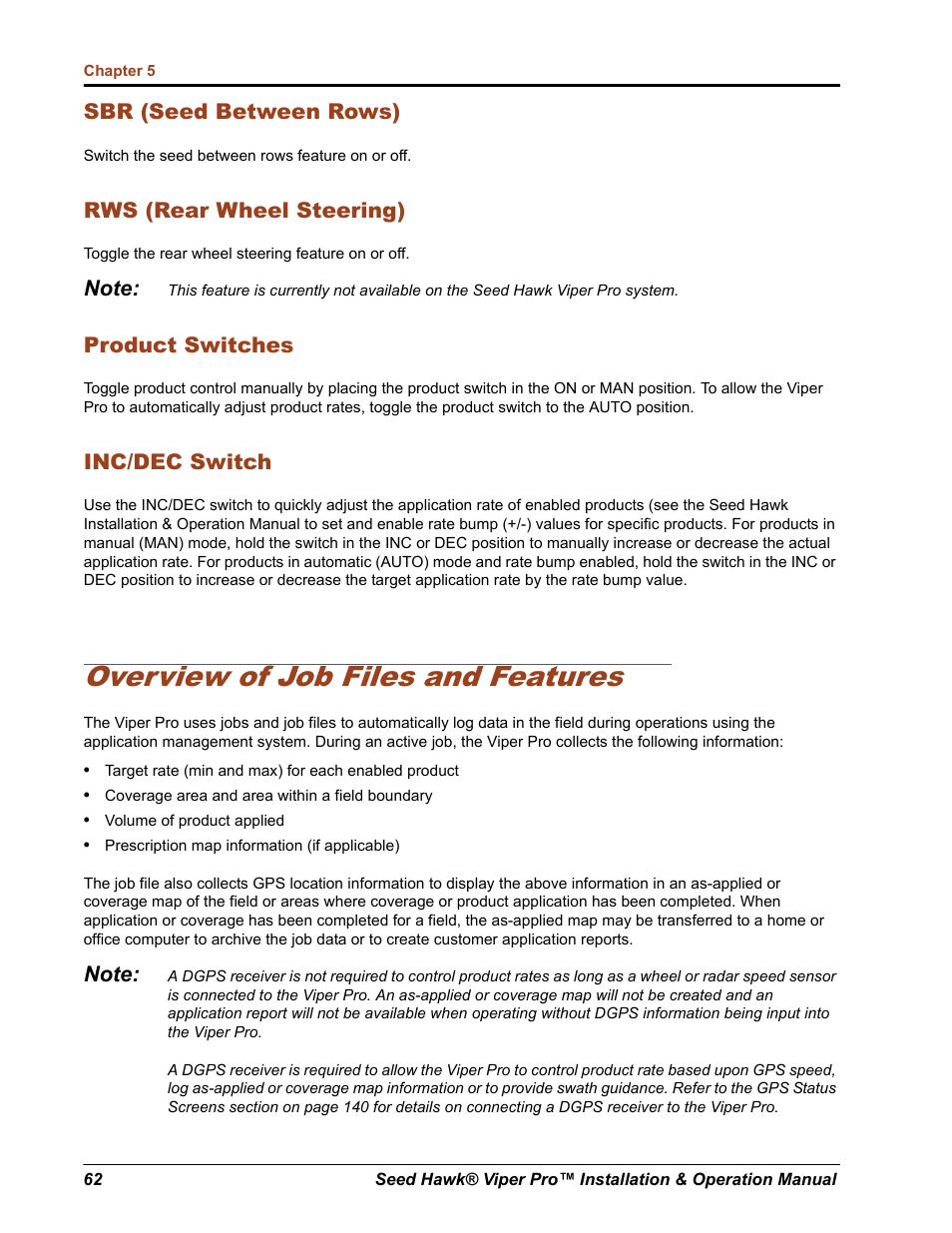 Overview of job files and features, Sbr (seed between rows), Rws (rear wheel steering) | Product switches, Inc/dec switch | Seed Hawk Raven 2012 User Manual | Page 74 / 286