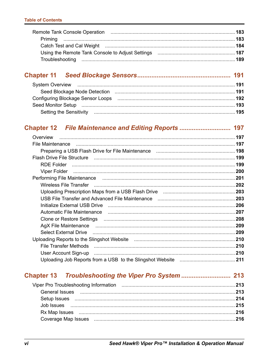 Chapter 11 seed blockage sensors, Chapter 12 file maintenance and editing reports, Chapter 13 troubleshooting the viper pro system | Seed Hawk Raven 2012 User Manual | Page 8 / 286