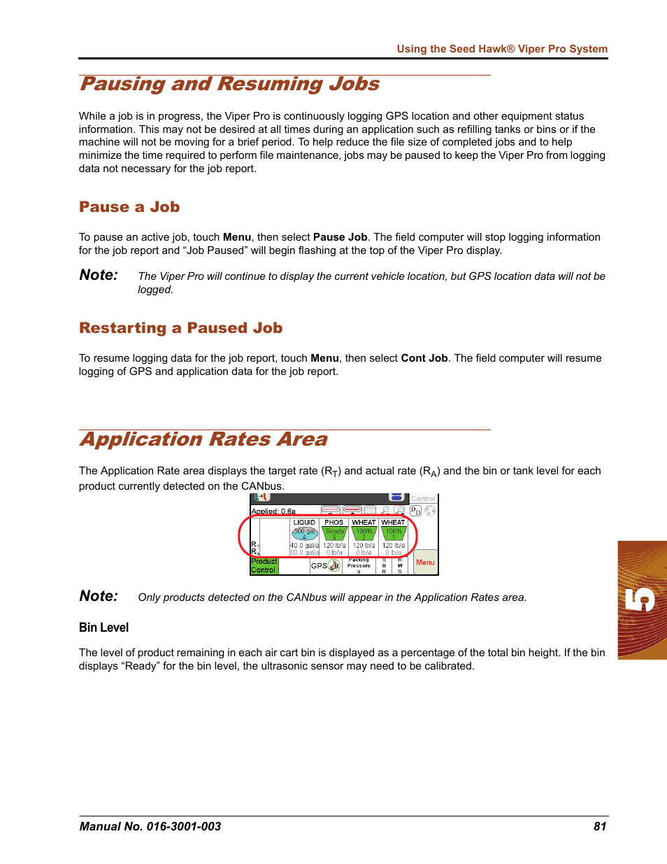 Pausing and resuming jobs, Application rates area | Seed Hawk Raven 2012 User Manual | Page 93 / 286