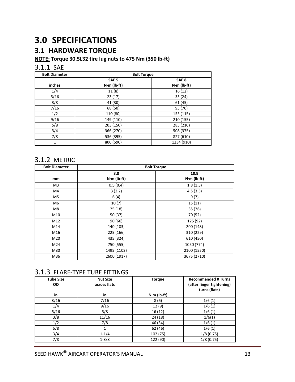 0 specifications, 1 hardware torque, Metric | Flare‐type tube fittings | Seed Hawk AIRCART 2013 User Manual | Page 18 / 99