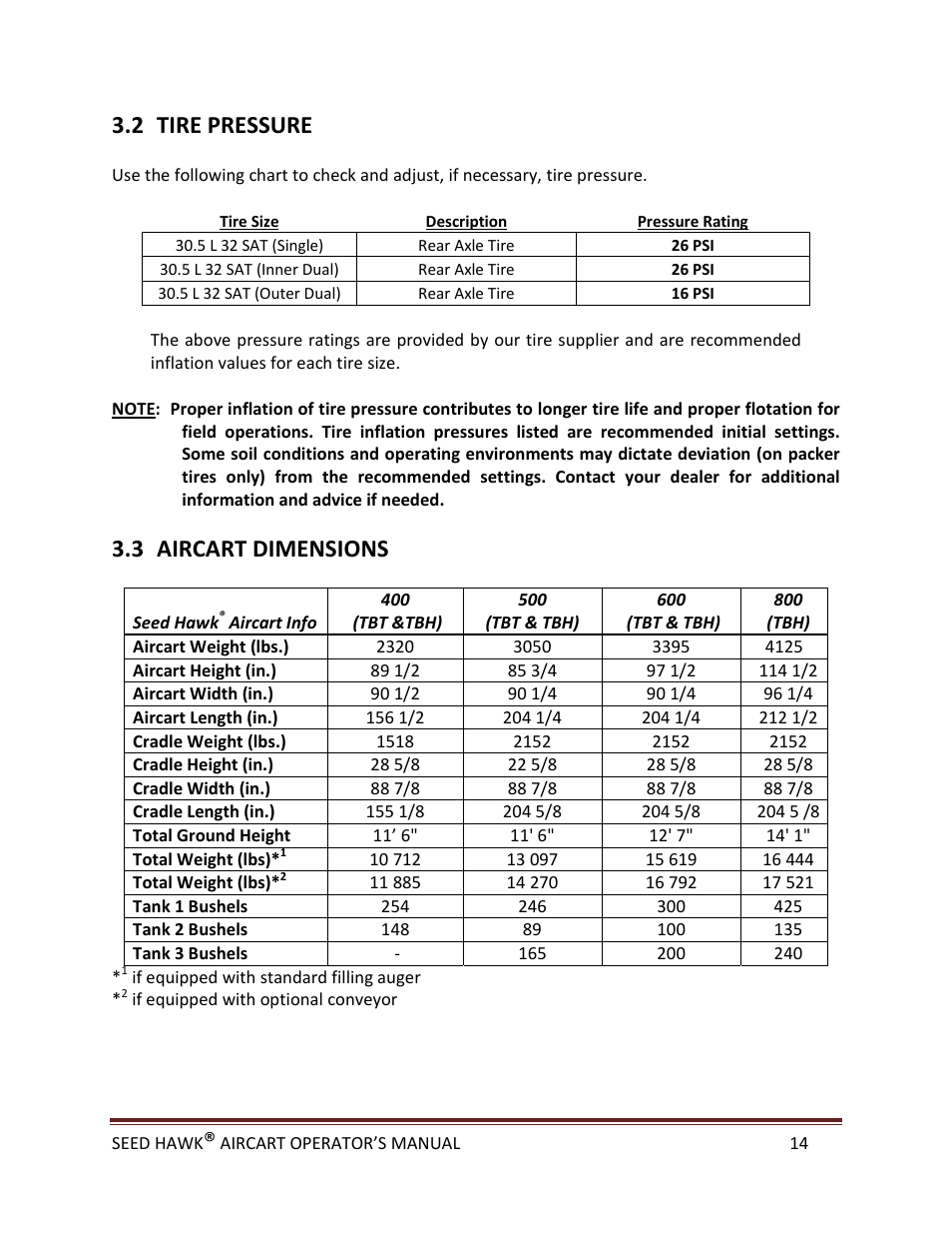 2 tire pressure, 3 aircart dimensions | Seed Hawk AIRCART 2013 User Manual | Page 19 / 99