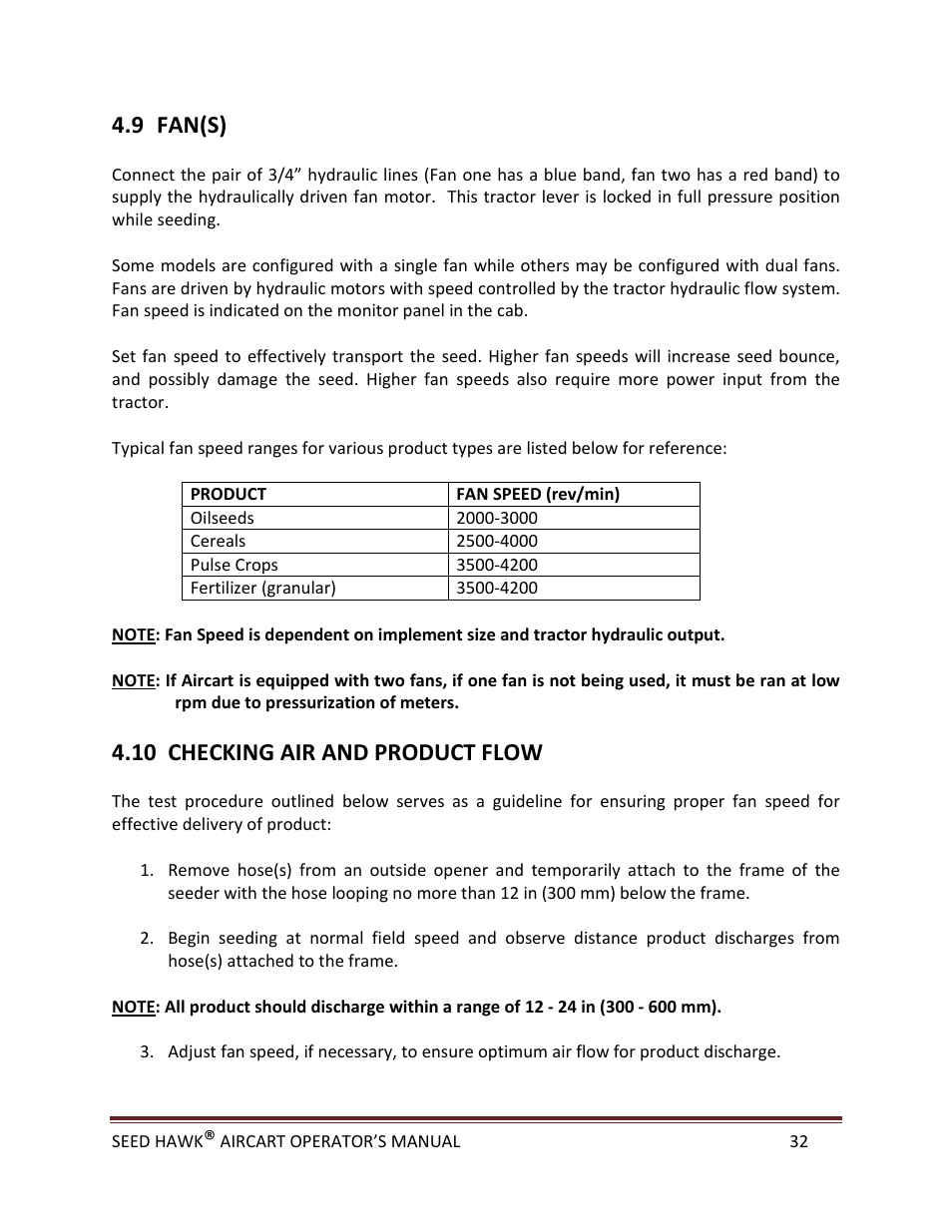 9 fan(s), 10 checking air and product flow | Seed Hawk AIRCART 2013 User Manual | Page 37 / 99