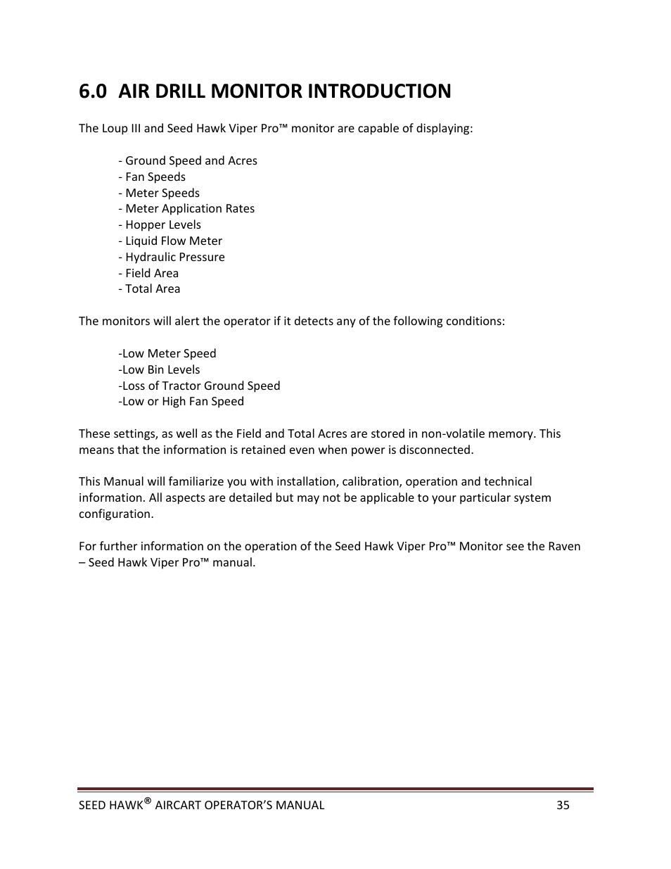 0 air drill monitor introduction | Seed Hawk AIRCART 2013 User Manual | Page 40 / 99