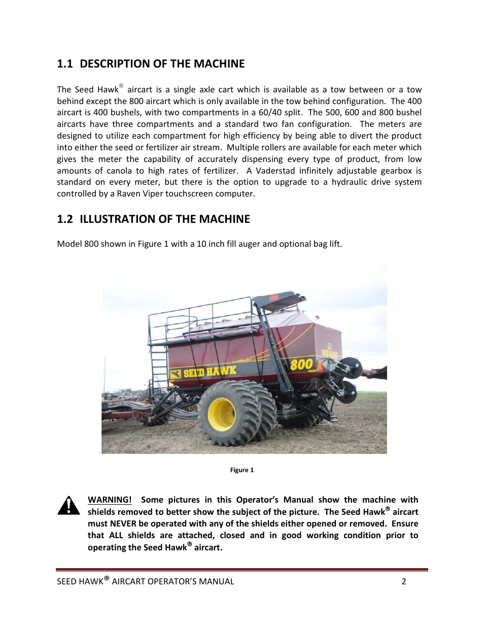 1 description of the machine, 2 illustration of the machine | Seed Hawk AIRCART 2013 User Manual | Page 7 / 99