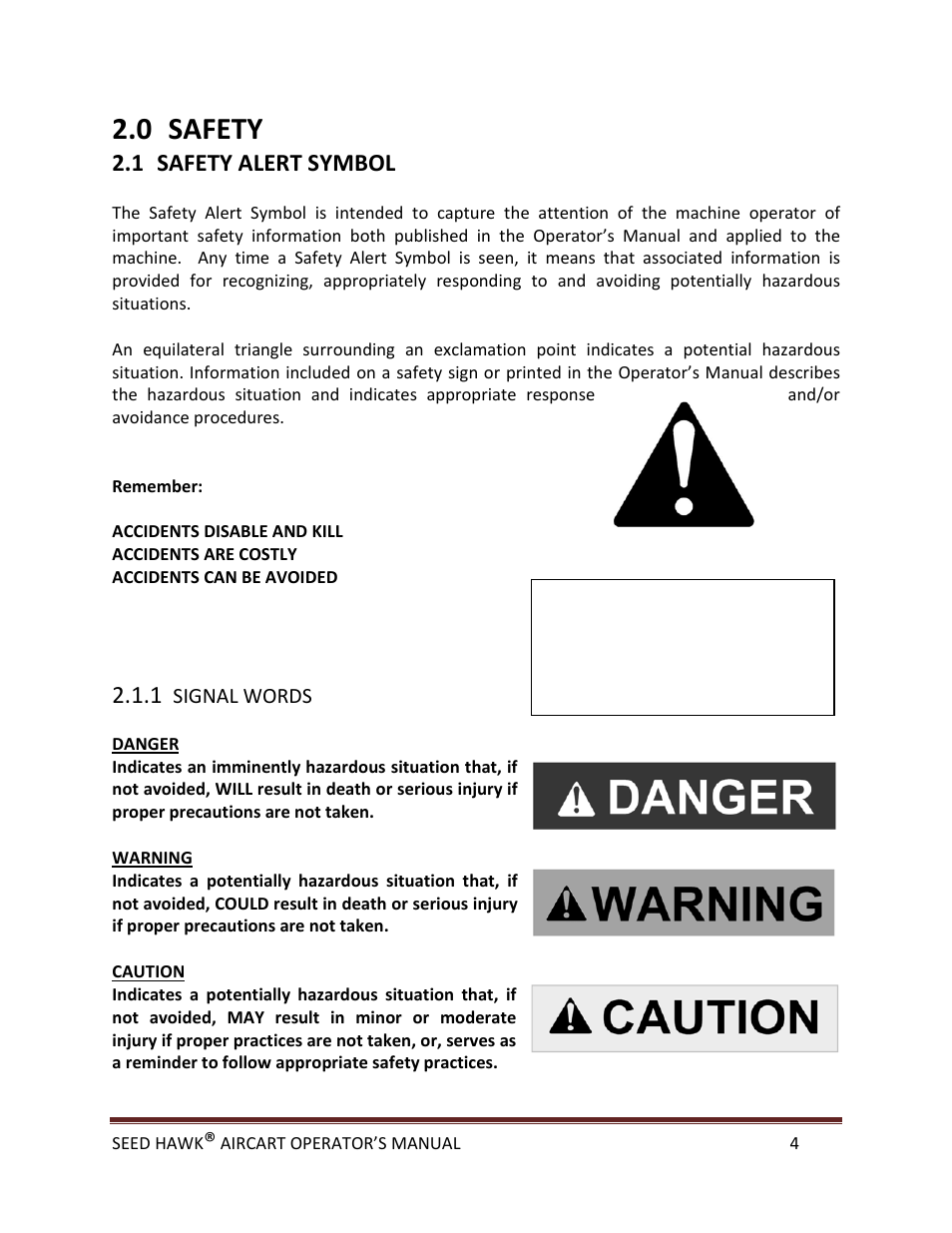 0 safety, 1 safety alert symbol | Seed Hawk AIRCART 2013 User Manual | Page 9 / 99