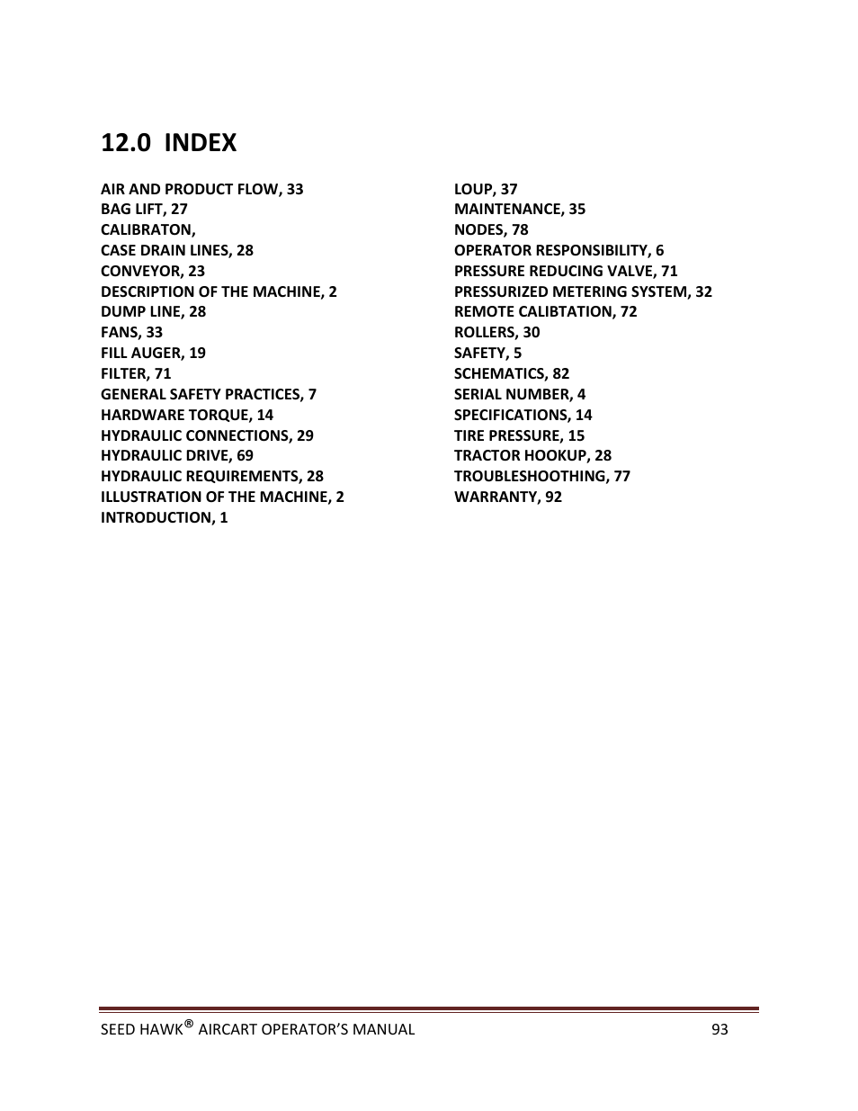 0 index | Seed Hawk AIRCART 2013 User Manual | Page 98 / 99