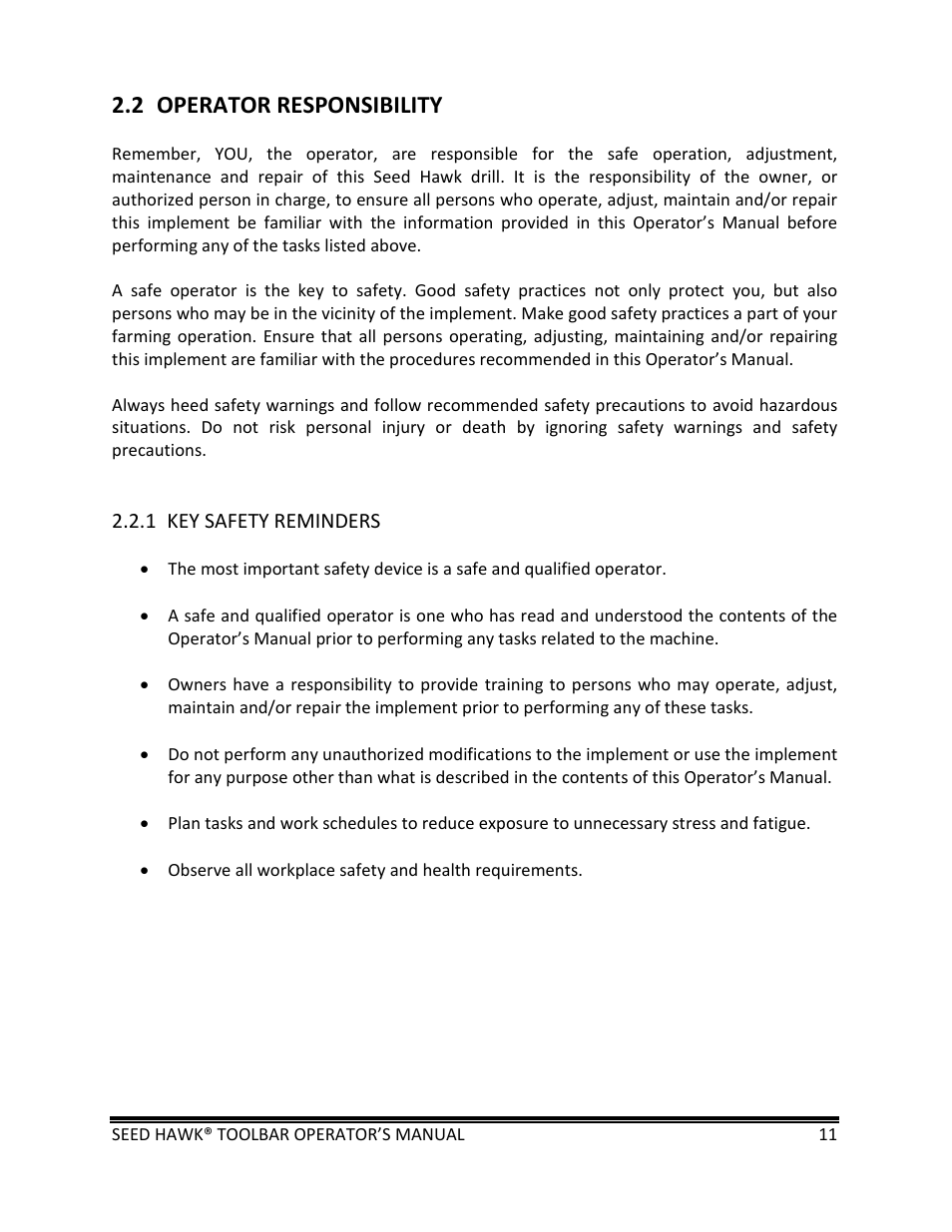 2 operator responsibility | Seed Hawk TOOLBAR 2013 45 & XL SERIES User Manual | Page 11 / 113