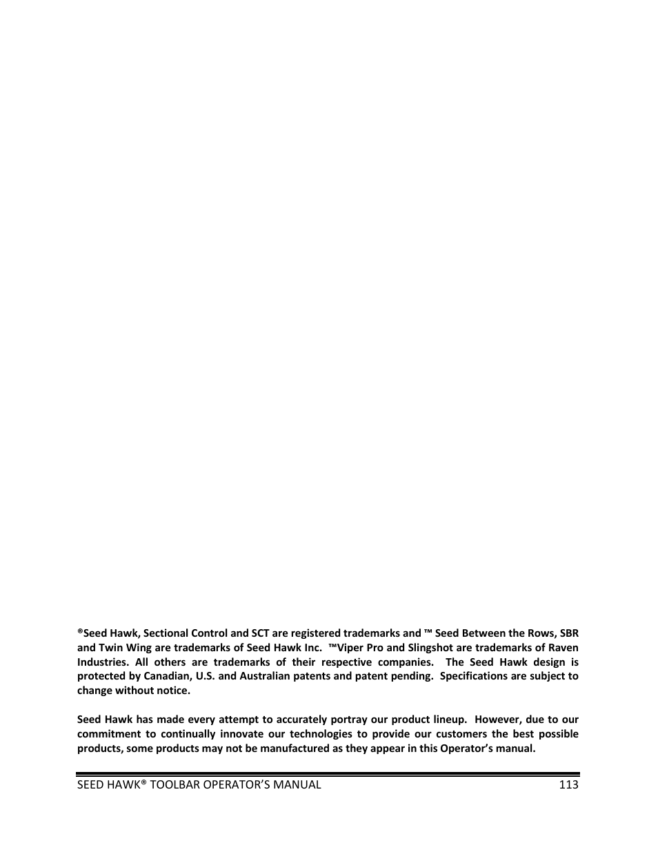 Seed Hawk TOOLBAR 2013 45 & XL SERIES User Manual | Page 113 / 113