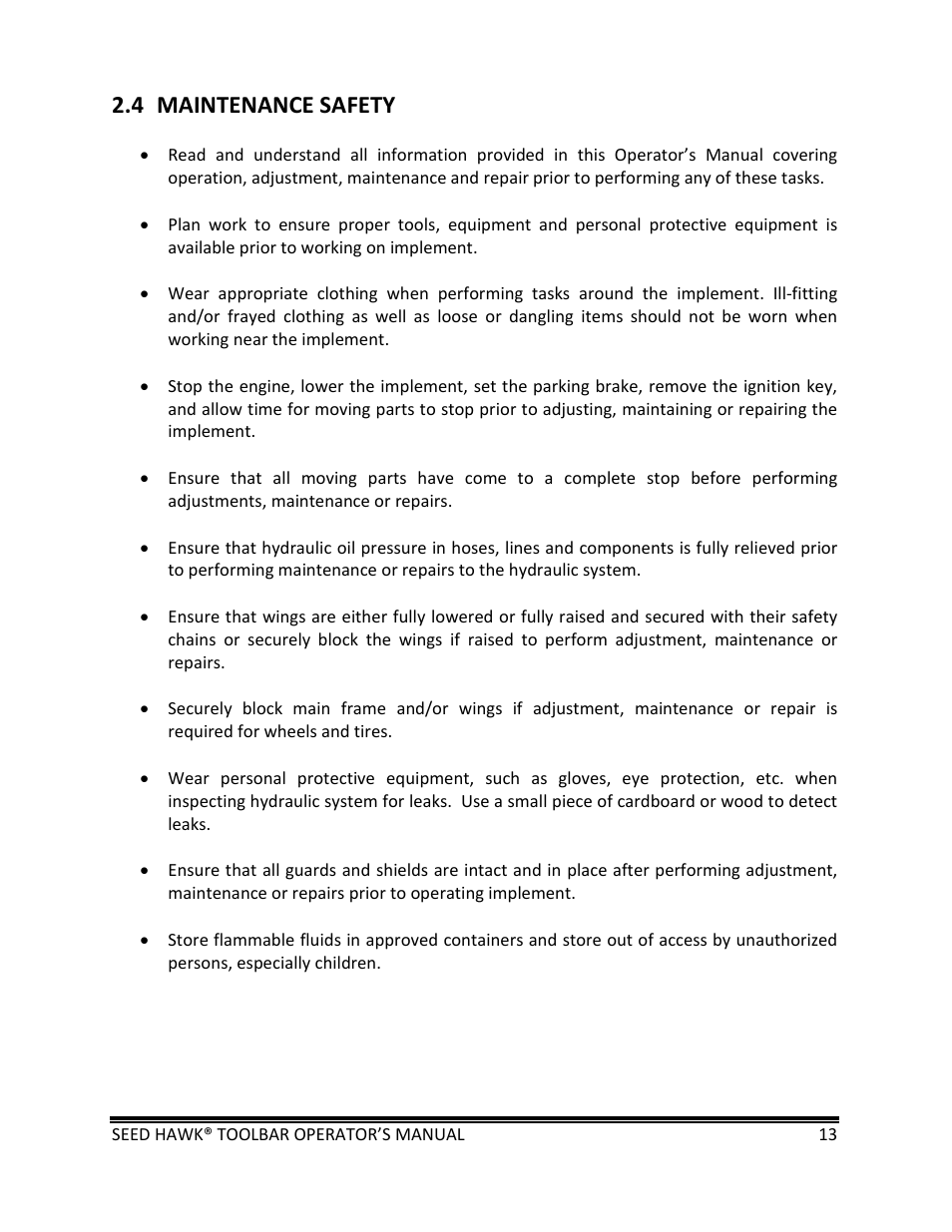4 maintenance safety | Seed Hawk TOOLBAR 2013 45 & XL SERIES User Manual | Page 13 / 113