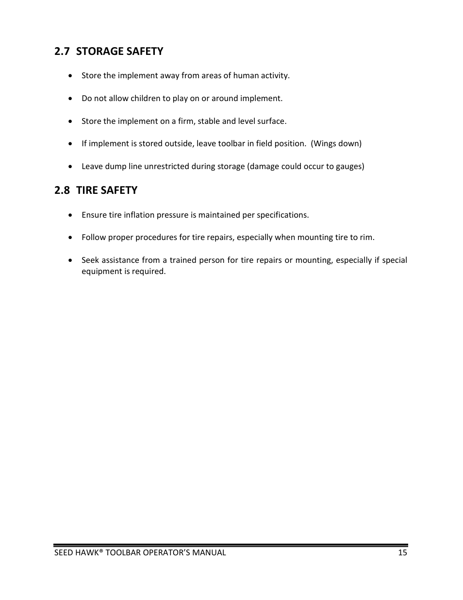 7 storage safety, 8 tire safety | Seed Hawk TOOLBAR 2013 45 & XL SERIES User Manual | Page 15 / 113