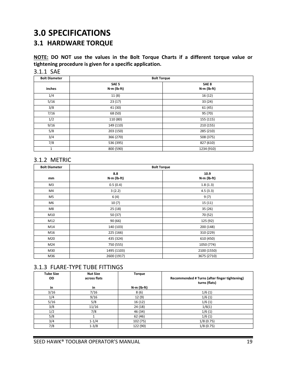 0 specifications, 1 hardware torque, 1 sae | 2 metric, 3 flare‐type tube fittings, Seed hawk® toolbar operator’s manual 19 | Seed Hawk TOOLBAR 2013 45 & XL SERIES User Manual | Page 19 / 113