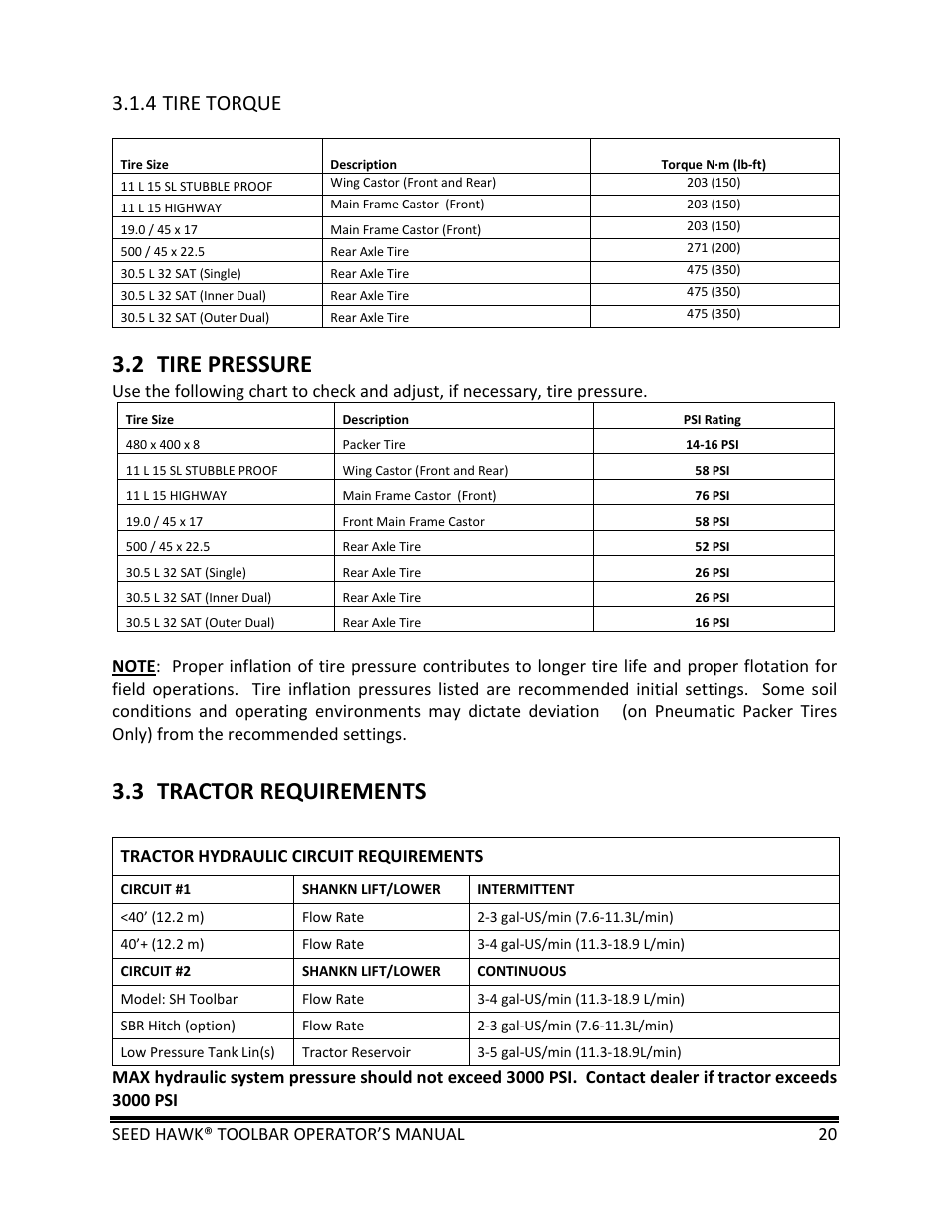 2 tire pressure, 3 tractor requirements, 4 tire torque | Seed Hawk TOOLBAR 2013 45 & XL SERIES User Manual | Page 20 / 113