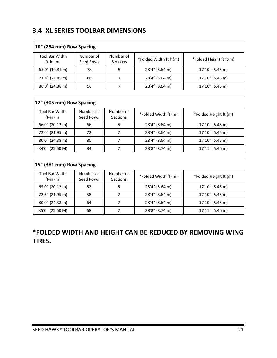 4 xl series toolbar dimensions | Seed Hawk TOOLBAR 2013 45 & XL SERIES User Manual | Page 21 / 113