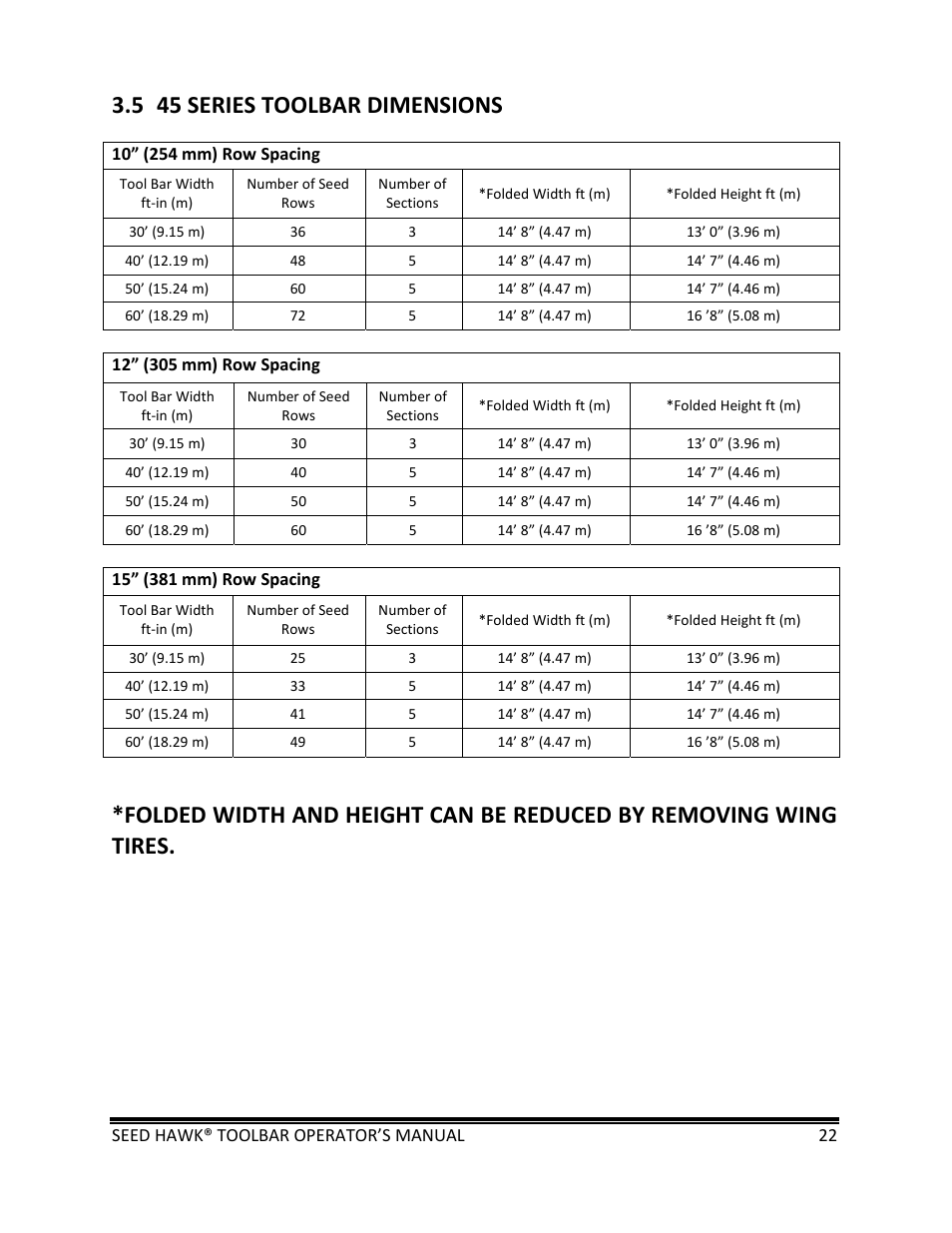 5 45 series toolbar dimensions | Seed Hawk TOOLBAR 2013 45 & XL SERIES User Manual | Page 22 / 113