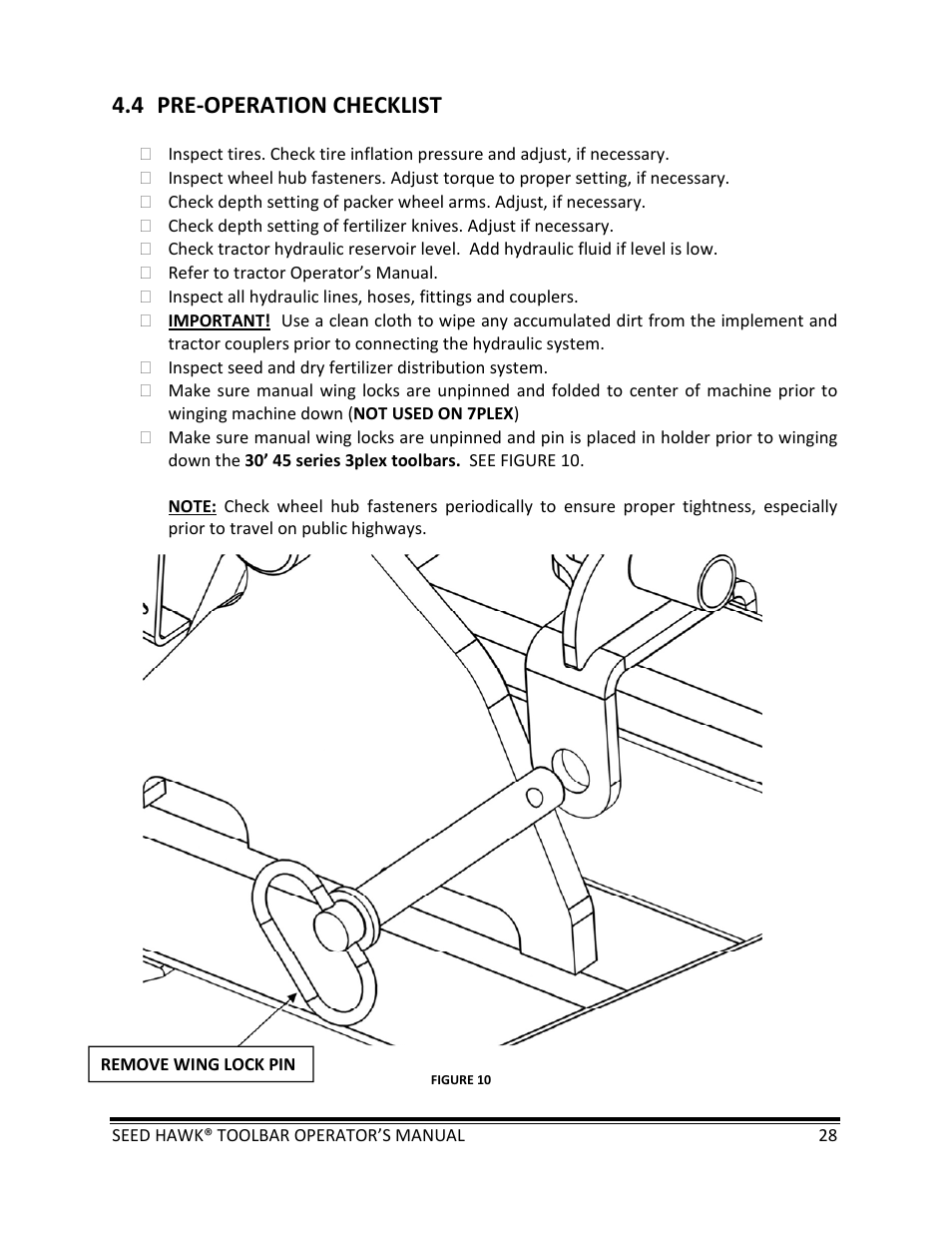 4 pre‐operation checklist | Seed Hawk TOOLBAR 2013 45 & XL SERIES User Manual | Page 28 / 113