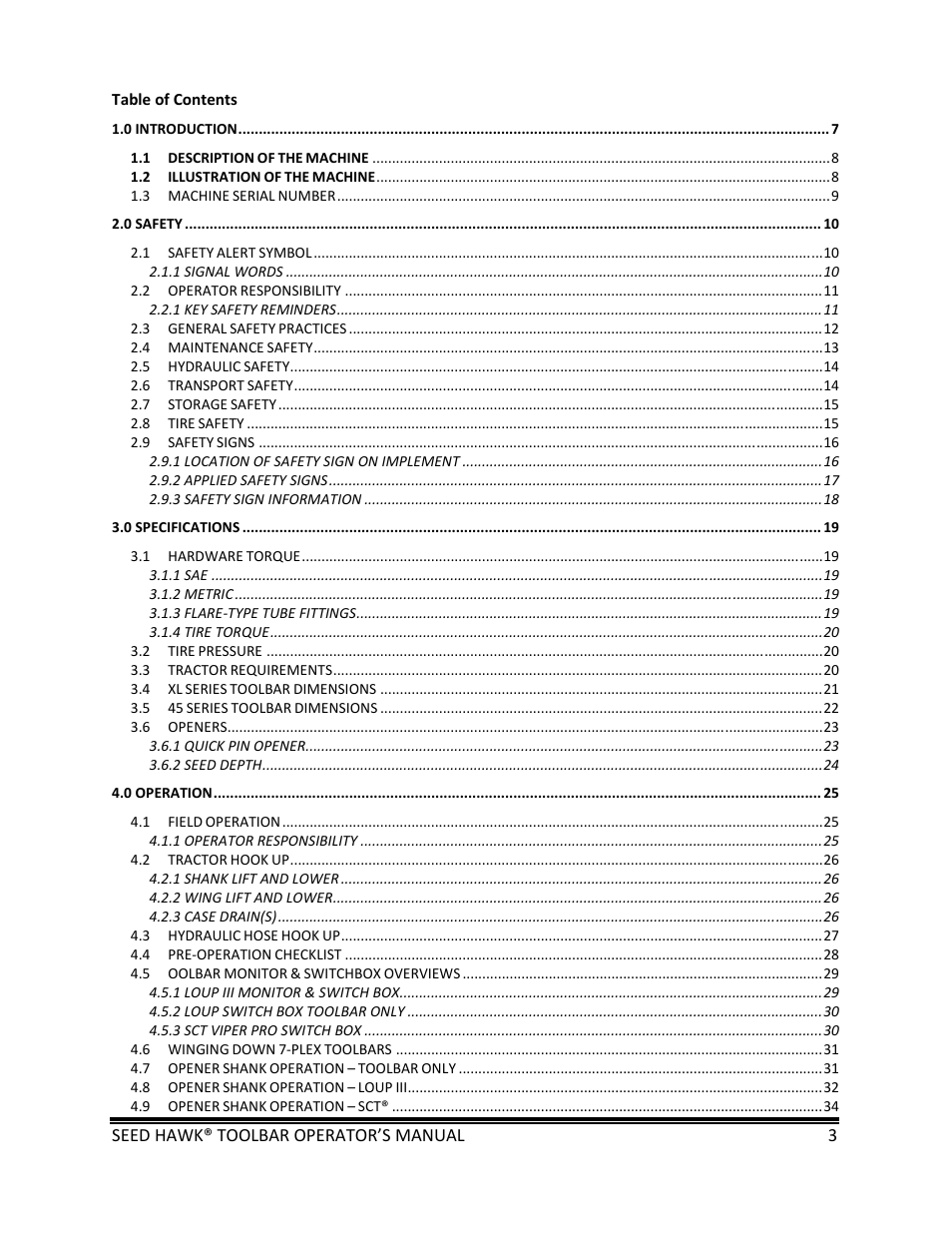 Seed hawk® toolbar operator’s manual 3 | Seed Hawk TOOLBAR 2013 45 & XL SERIES User Manual | Page 3 / 113