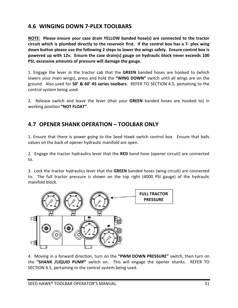 6 winging down 7‐plex toolbars, 7 opener shank operation – toolbar only | Seed Hawk TOOLBAR 2013 45 & XL SERIES User Manual | Page 31 / 113