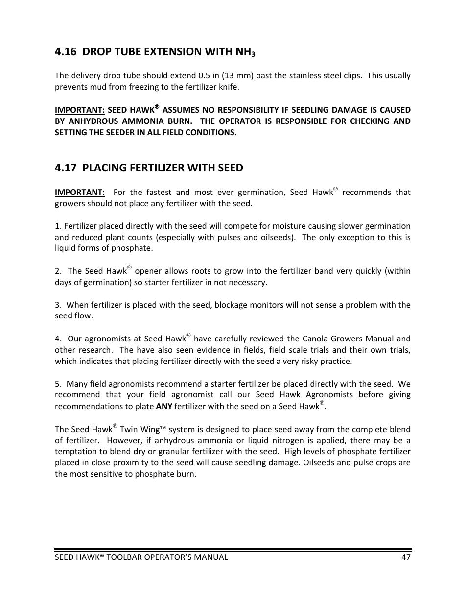 16 drop tube extension with nh, 17 placing fertilizer with seed | Seed Hawk TOOLBAR 2013 45 & XL SERIES User Manual | Page 47 / 113