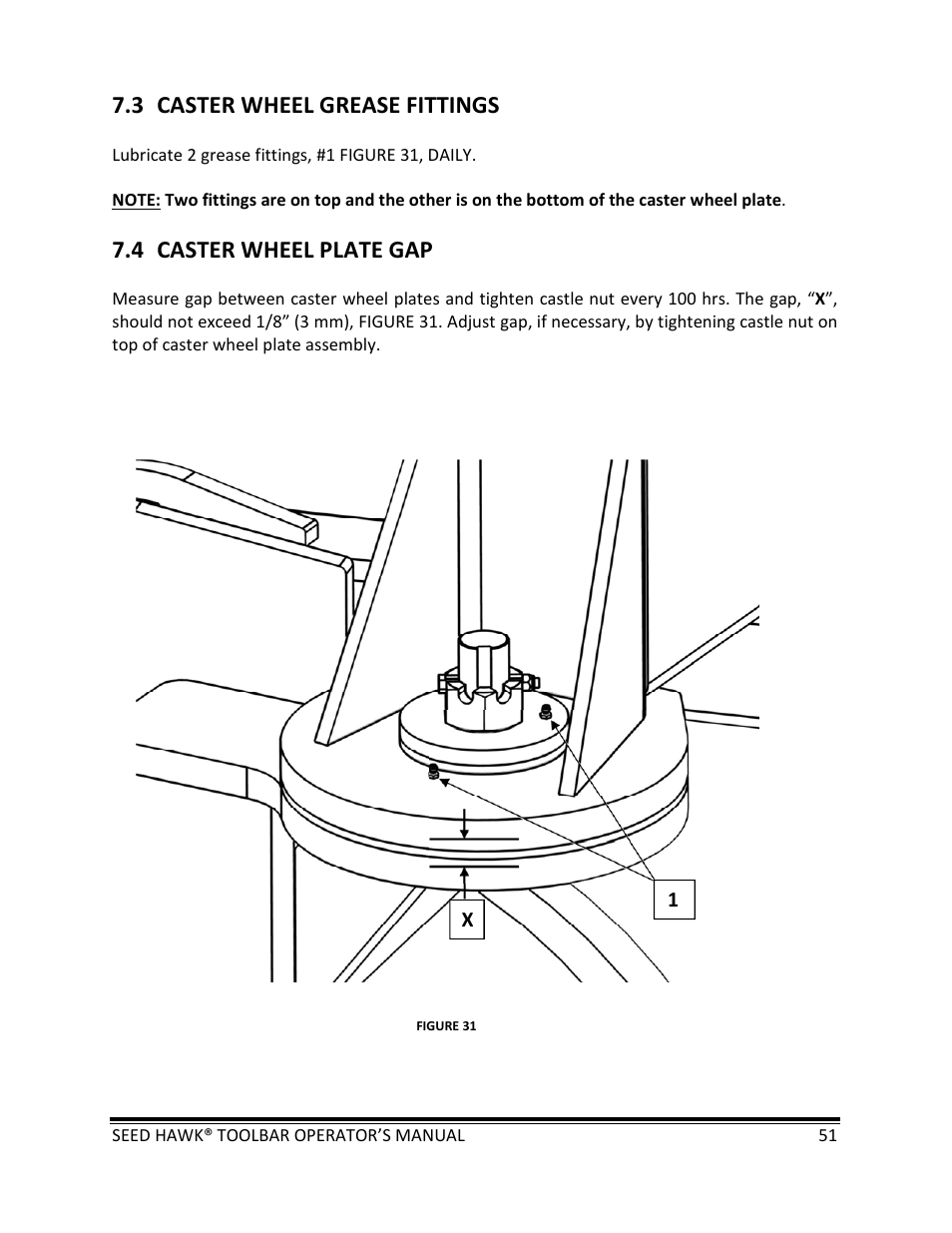 3 caster wheel grease fittings, 4 caster wheel plate gap | Seed Hawk TOOLBAR 2013 45 & XL SERIES User Manual | Page 51 / 113