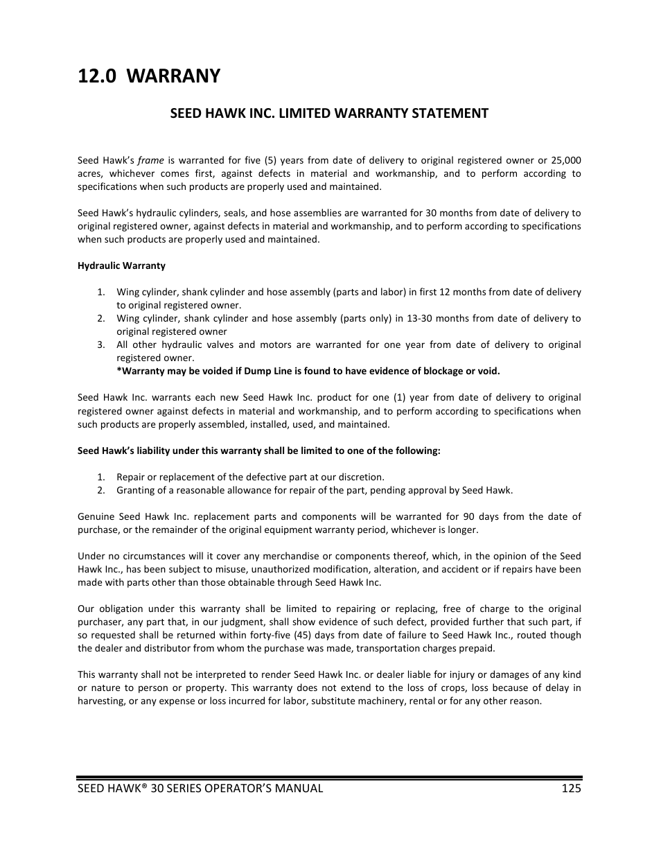Warrany | Seed Hawk 30 SERIES: 600C & 800C 2013 User Manual | Page 125 / 127
