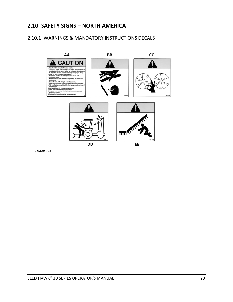 10 safety signs – north america | Seed Hawk 30 SERIES: 600C & 800C 2013 User Manual | Page 20 / 127