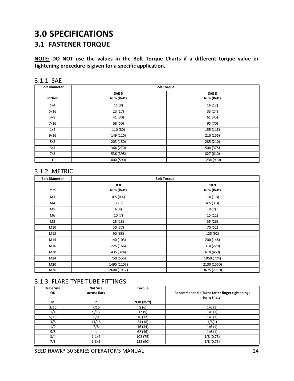 0 specifications, 1 fastener torque, 1 sae | 2 metric, 3 flare‐type tube fittings, Seed hawk® 30 series operator’s manual 24 | Seed Hawk 30 SERIES: 600C & 800C 2013 User Manual | Page 24 / 127