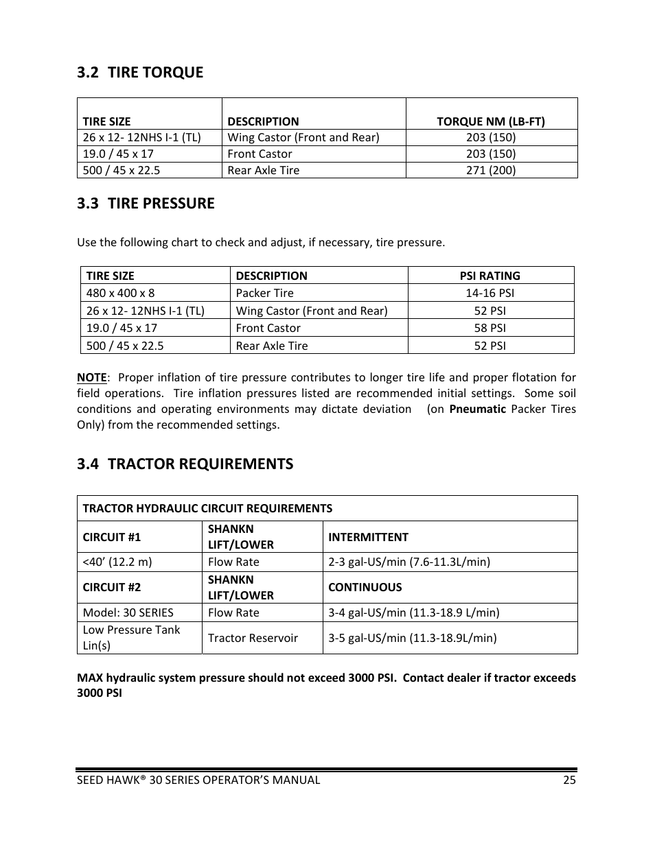 2 tire torque, 3 tire pressure, 4 tractor requirements | Seed Hawk 30 SERIES: 600C & 800C 2013 User Manual | Page 25 / 127